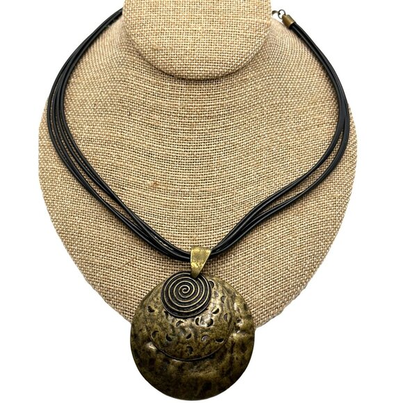 Boho Chic Brass Hammered Disc Pendant Necklace Choker Cord Chain Free Spirit - Picture 1 of 6